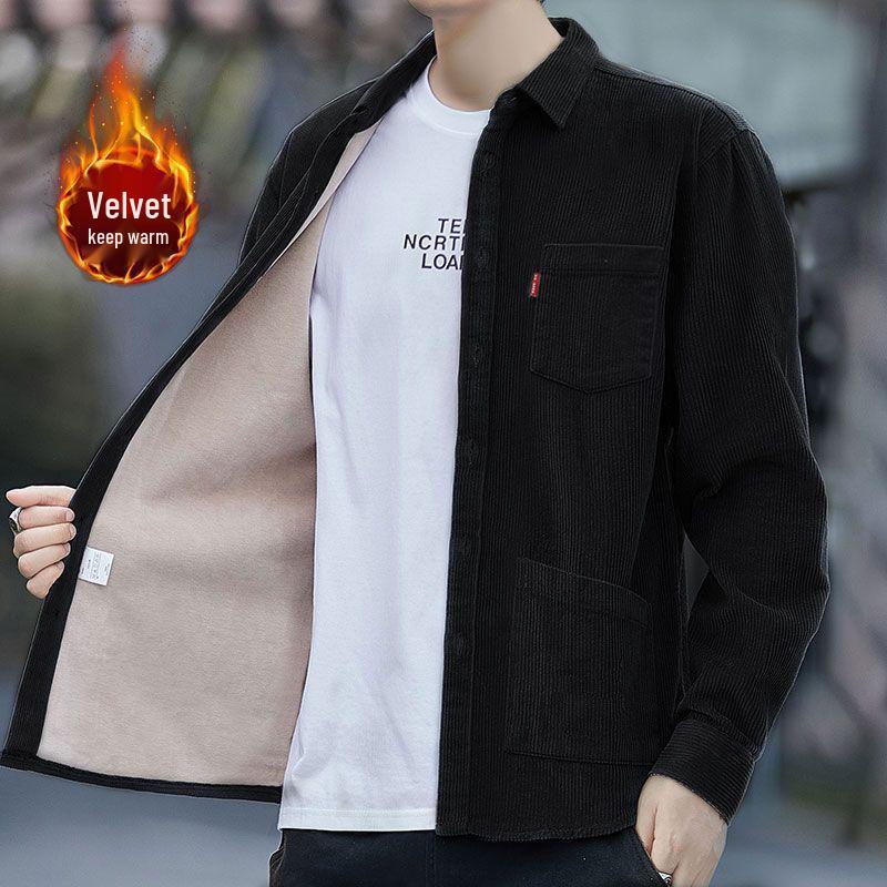 Men's Fleece-Lined Corduroy Shirt Jacket with Pockets - Long Sleeve, Thick, Loose Fit for Autumn/Winter.