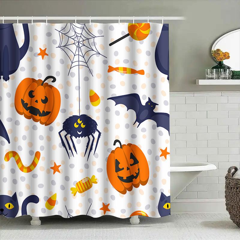 Halloween-Themed Shower Curtain Featuring Pumpkins, Candy Corn, Bats, Spiders, And More! Perfect For Adding Spooky Charm To Your