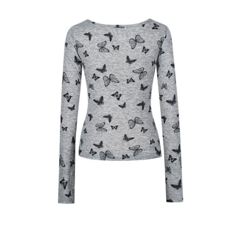 

Осень Зима Круглый вырез Принт бабочки Длинный рукав Футболка с подкладкой Женская Футболка с длинным рукавом Облегающая Футболка Пуловер Топ S серый
