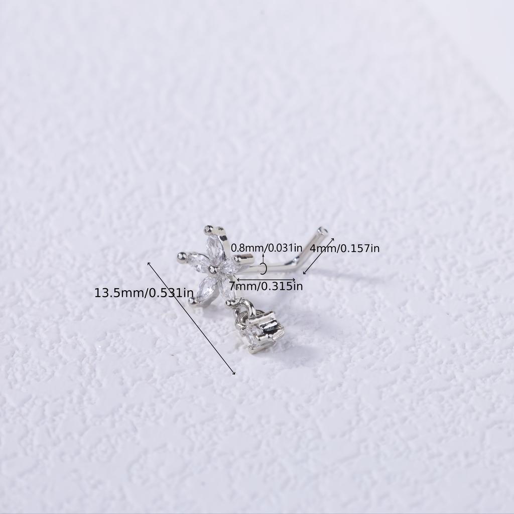 1pc L-Shaped Nose Ring Piercing - Stainless Steel Hypoallergenic 5-Petal Flower Pendant, French Nose Stud for Women