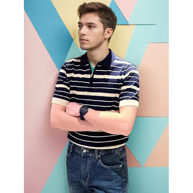 2025 Summer INS Trend Hong Kong Style Wide Stripe Polo Shirt Men's Short Sleeve T-Shirt Casual Versatile Turn-Down Collar Top