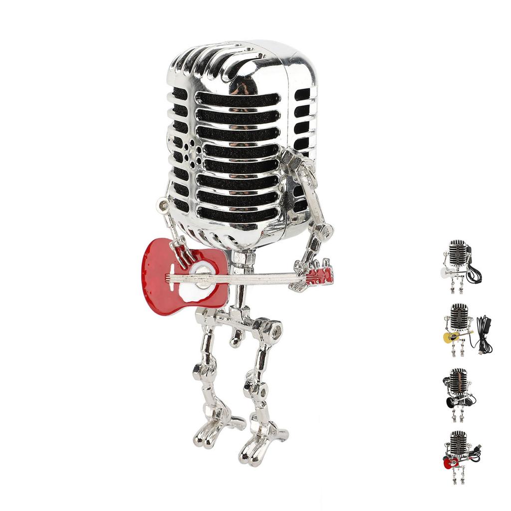 Vintage Microphone Guitar Robot Table Lamp Aluminum Retro Metal Robot Night Light for Bedroom Desk H