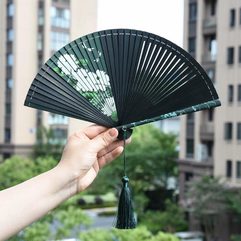 Dream Lotus Mini Japanese-Style Handheld Full Bamboo Fan Hanfu Mamian Skirt Dance Qipao Portable Folding Fan Girl Group Folding Fan