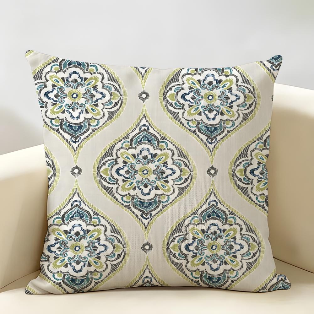 Nordic-Inspired Green Geometric Style Cushion Cover Natural Linen Organic Fabric Printing Breathable Perfect For Home Decor