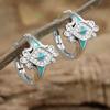 Silver Plated Turquoise CZ Floral Hoop Earrings, Vintage Ethnic Style Small Huggie Hoops for Women