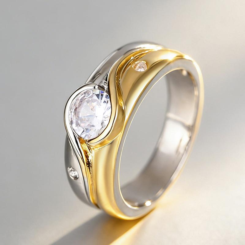 Huitan Exquisite Two-tone Finger Rings for Women Modern Dazzling Cubic Zirconia Party Jewelry Stylish Noble Finger Accessories