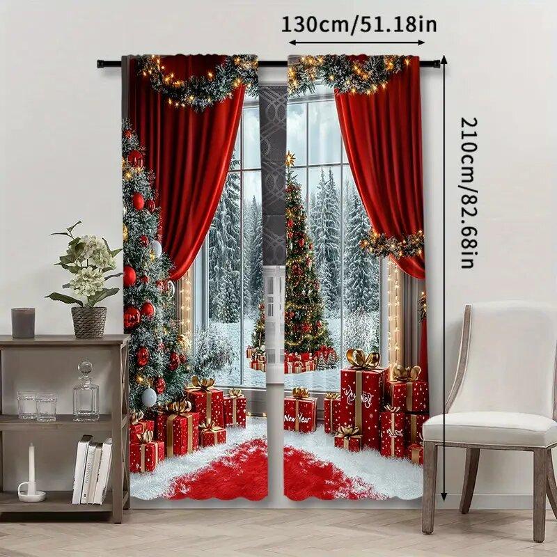 2 Pieces - Christmas tree pattern printed curtains   pole bag curtains   home decoration   room decoration