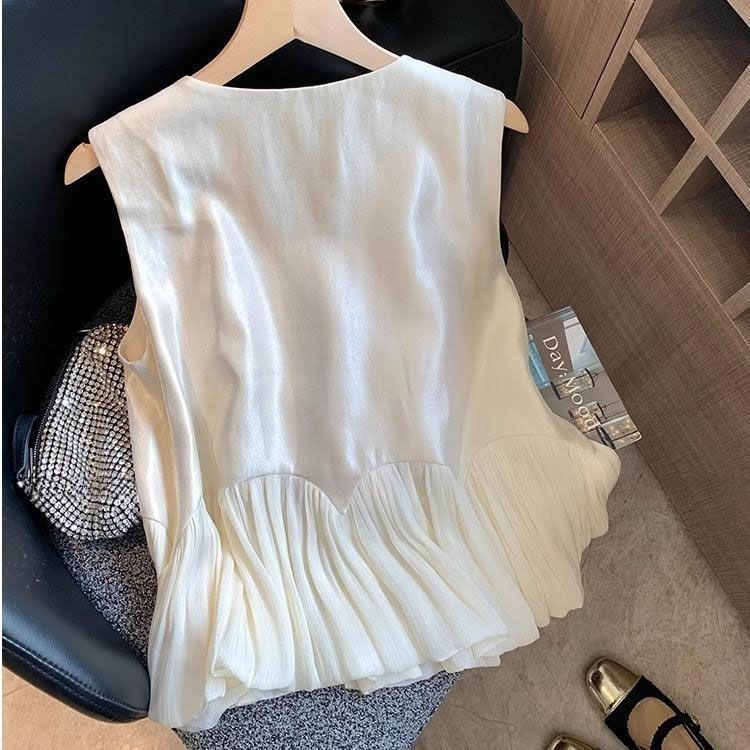 Women's 2026 Summer Ruffled Pearl Satin Sleeveless Top - French Chic, Age-Reducing Style