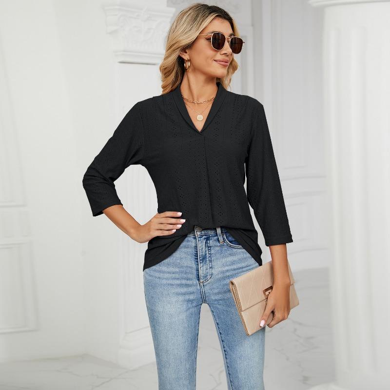 Neue Herbstkleidung für Damen, Jacquard-Oberteile mit V-Ausschnitt, T-Shirts mit mittleren Ärmeln