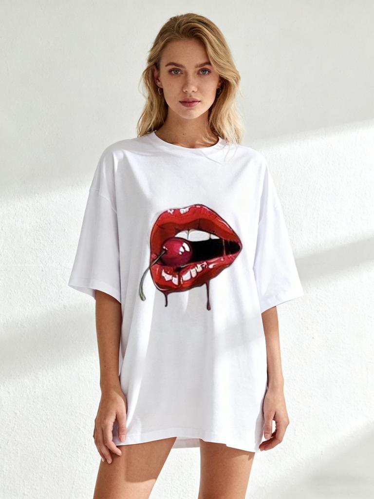 Oversized T Shirt Black Cherry Lips Print Graphic Tee Casual Streetwear Summer Outfit Women Fashion Top