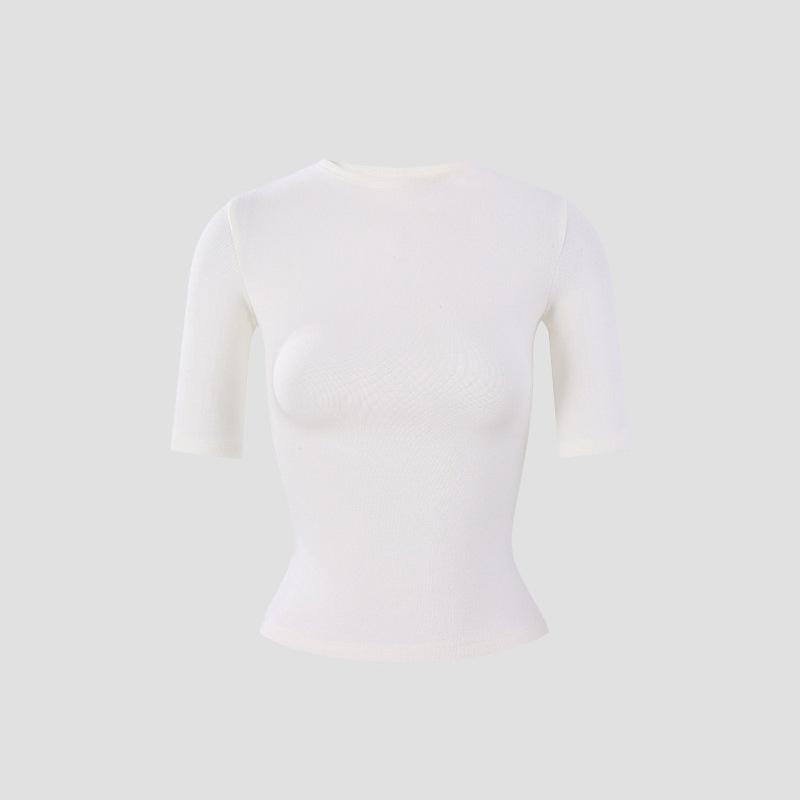 Spring and summer new waist and thin five-quarter-sleeved shoulder T-shirt slim-fit solid-color round neck short-sleeved multi-color top women