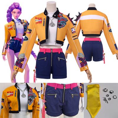 Rumi Cosplay Kostümü Anime Film KPop İblis Avcıları Sarı Ceket Huntrix Üniforması Küpeler Şortlar Cadılar Bayramı Kadın Kız