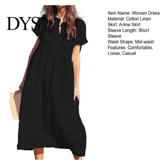 Casual Chic Women Dress Women's Cotton Linen Maxi Short Sleeve V-Neck Lightweight Summer For Sundress Loose Beach Pleated Long for Vacation