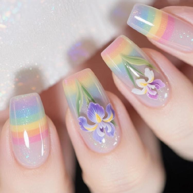 24 Pcs Flowers Stick on Nail Colorful Artificial Nail Long Square False Nail Glossy Press On Nail for Woman Girls