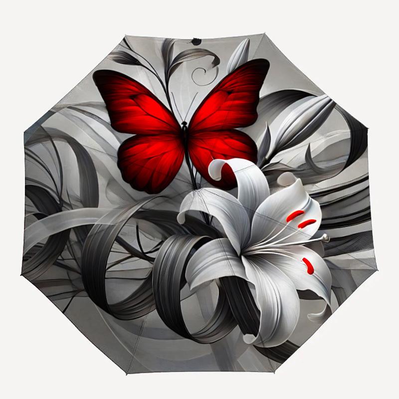 

1pc Butterfly Lily Pattern Automatic Umbrella - 8-Rib Durable Frame, Portable Fashion Accessory & Holiday Gift yy251117179