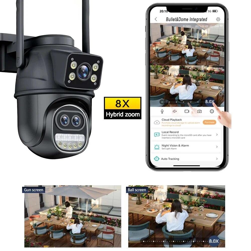 Neue EU 12MP 6K WiFi-Kamera für den Außenbereich, drei Objektive, Dual-Screens, 8-facher Zoom, CCTV-Mini-Videokamera, automatisches Tracking, Sicherheitsschutz, Überwachung, iCSee-App