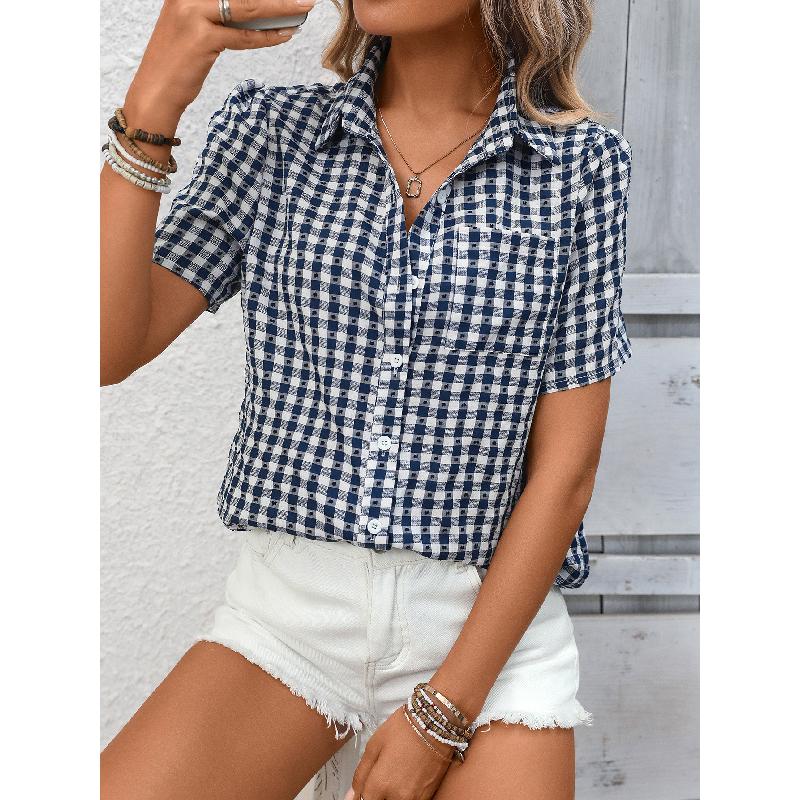 2026 Spring/Summer New Women's Loose Short-Sleeve Pocket Casual Plaid Shirt
