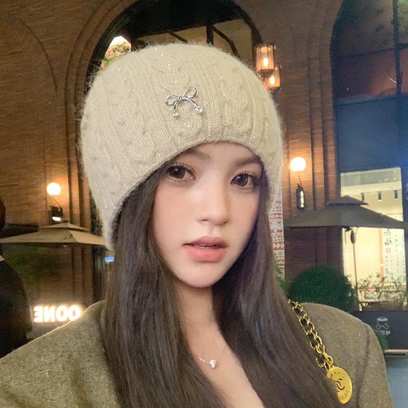 Knitted Hat Women's Autumn and Winter Elegant Stacking Wool Hat Cute Butterfly Ear Protector Headhat