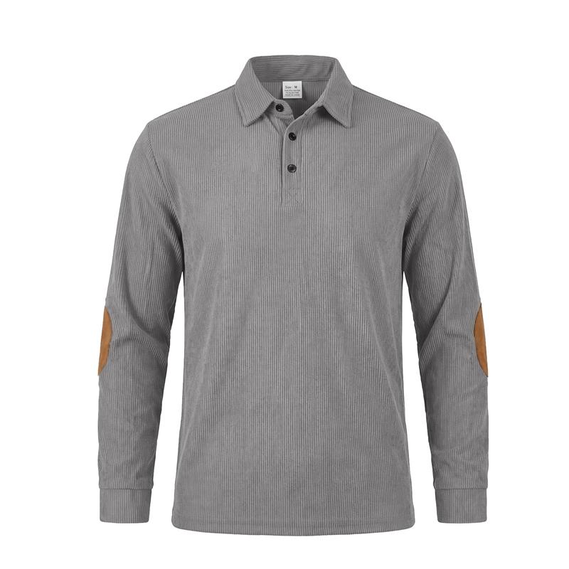 Autumn Winter Men Waffle Rib Knit Polo Shirts Contrast Suede Elbow Patches Lapel Collar Button Placket Vintage Long Sleeve Corduroy Textured Tops