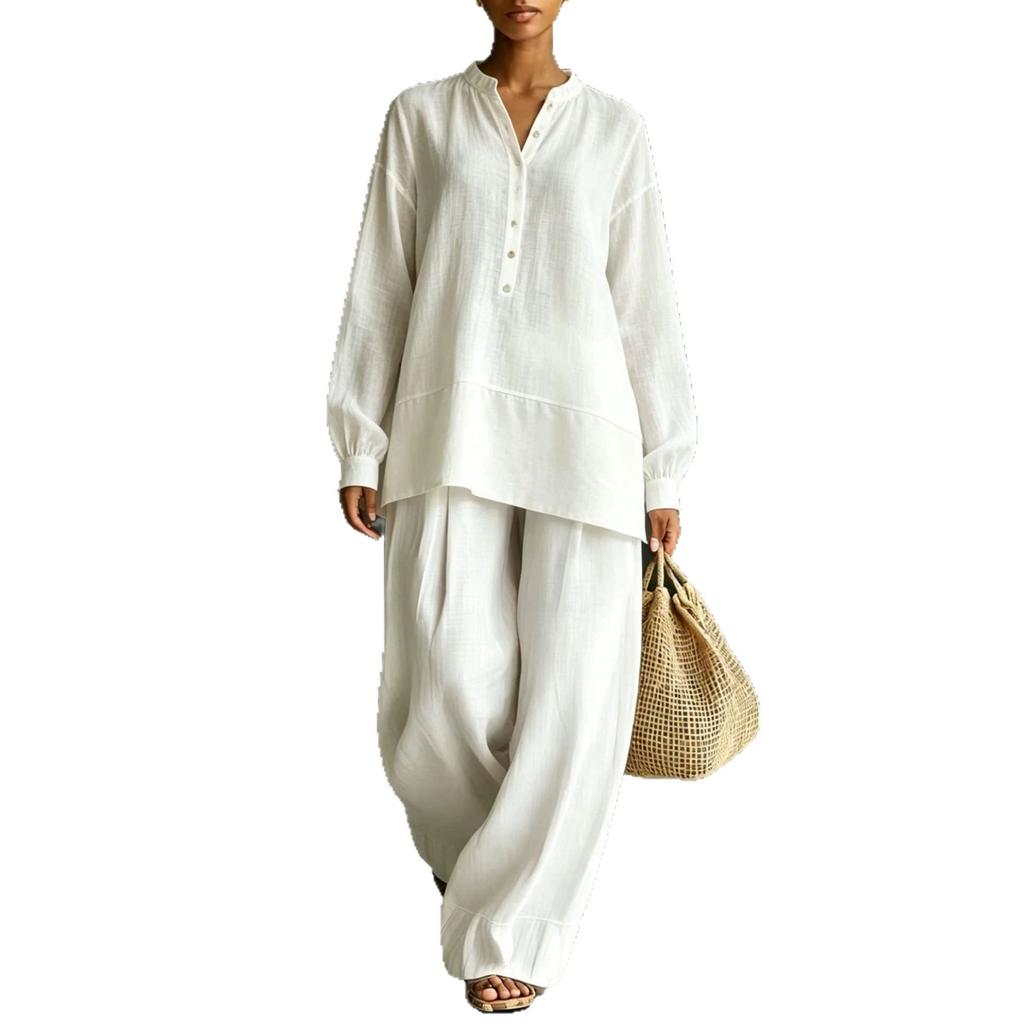 Popolare estate 2026 transfrontaliero nuovo commercio estero abbigliamento donna manica lunga pantaloni camicia pantaloni larghi set due pezzi