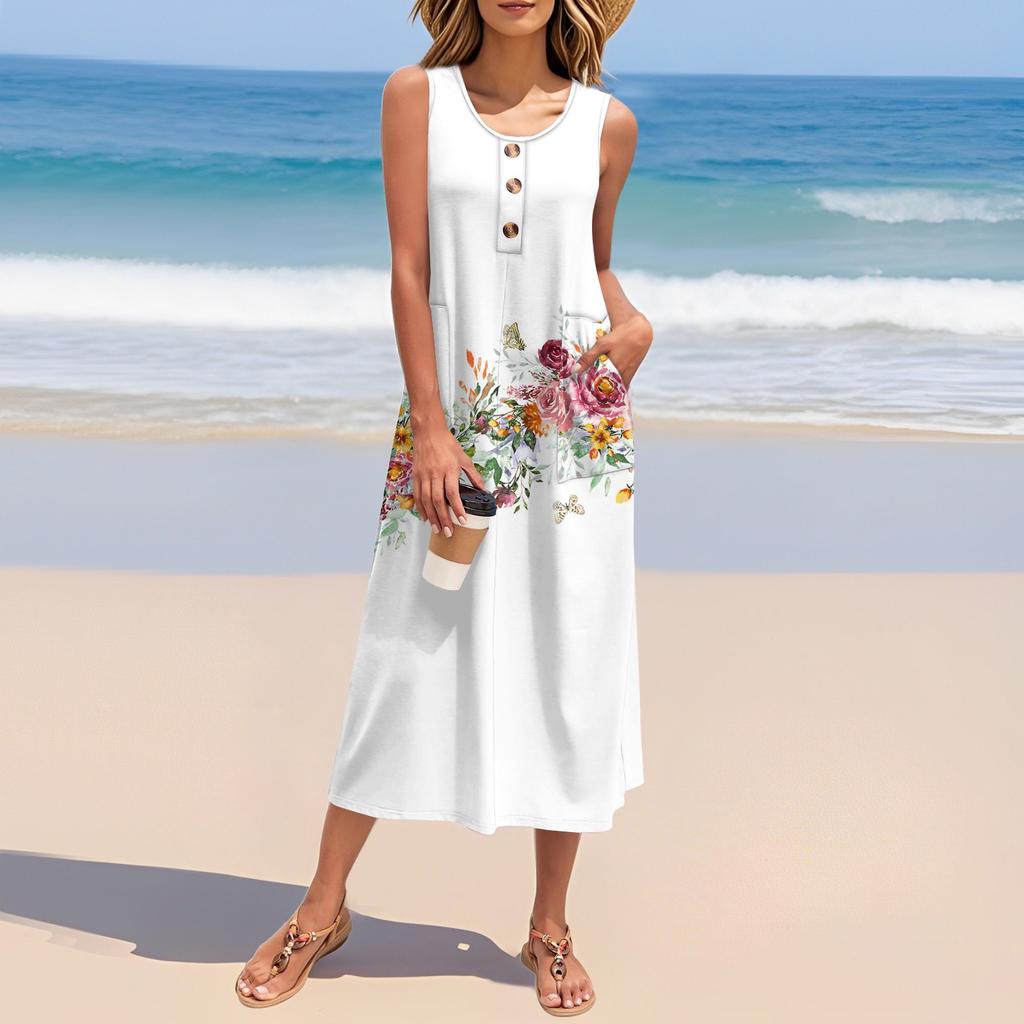Women's Summer Floral Print Dress Sleeveless Button Down Casual Loose Long Beach Sundress