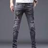2025 Spring/Summer Men's Slim Fit Patchwork Ripped Jeans, Straight Leg, Blue with Applique and Raw Edge