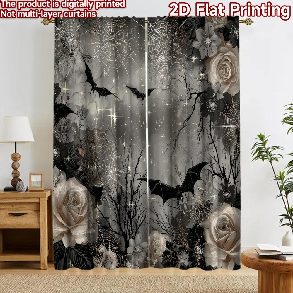 2D Flat Printing 2pcs Curtain Party Curtains Halloween Bats and Webs Digital Printed Polyester Drapes Birthday Party for Festive