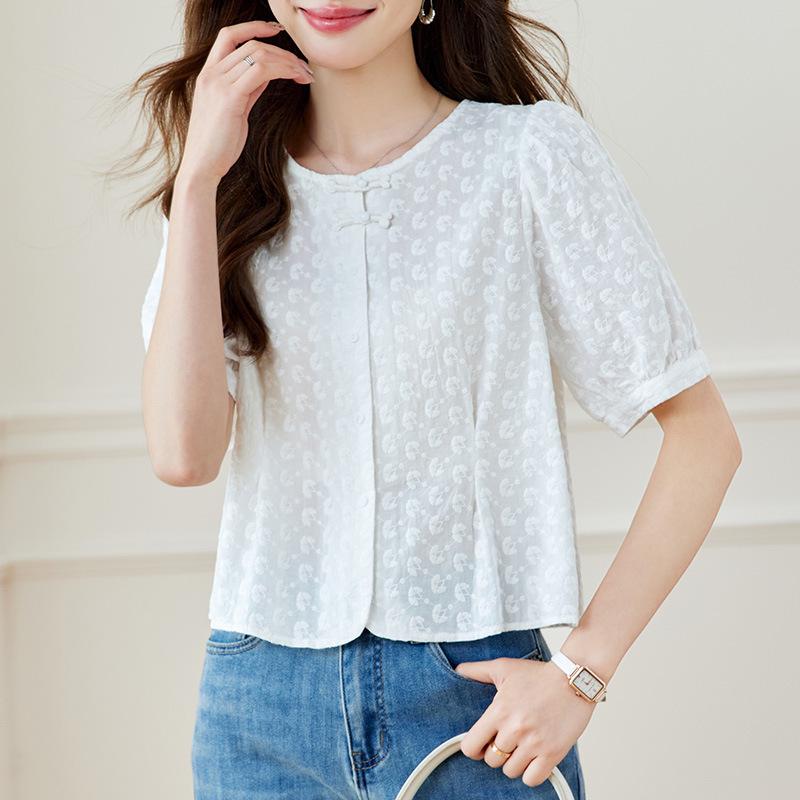 

Women s Long Sleeve Embroidered Shirt - New Chinese Style, Apricot Round Neck, 2025 Autumn Collection XL