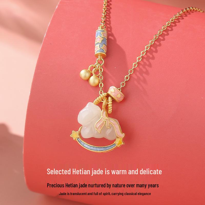 Natural Hetian Jade Rocking Horse Pendant Necklace, Women's s925 Silver Zodiac Design, Perfect for Birth Year Clavicle Chain.