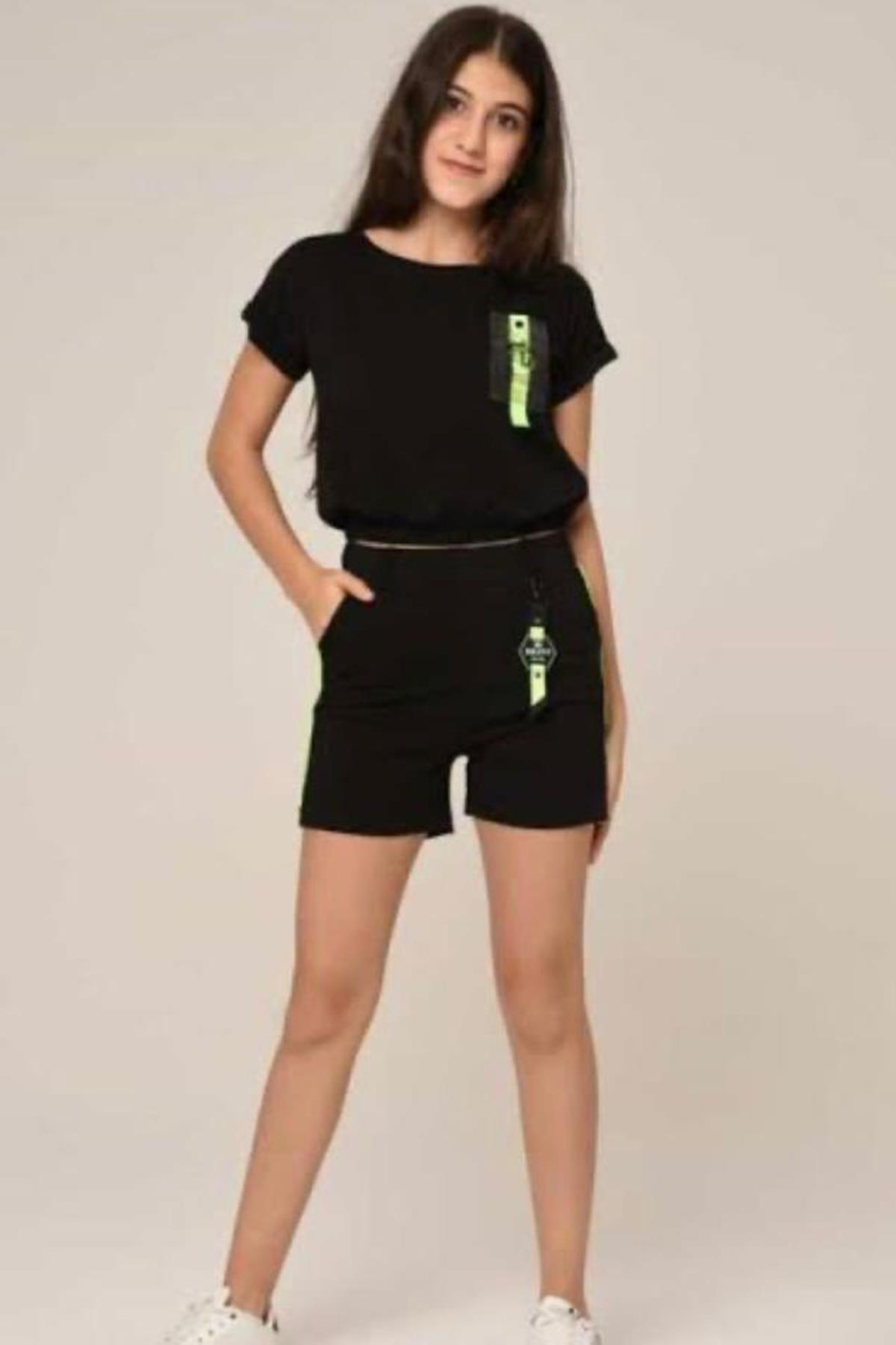

Girl s Digital Printed Elastic Waist T-Shirt Black Shorts Set 10-14 Years