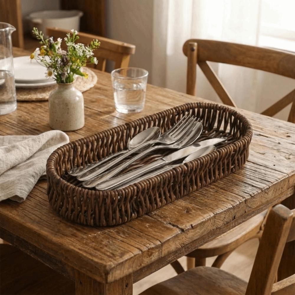 Oval Shape Tableware Storage Basket Retro Desk Shelf Baskets Faux Wicker Tray Dining Room