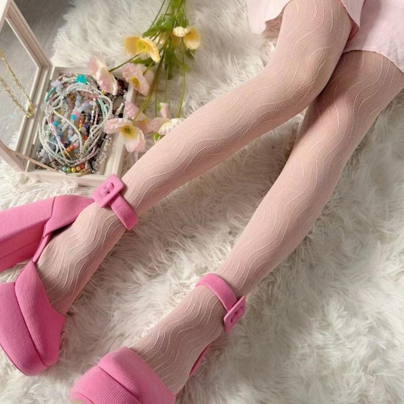 Women Sexy Hollow-Out Fishnet Pantyhose Water Ripple Striped Patterned Bottoming Leggings Fine Mesh Tights Stockings