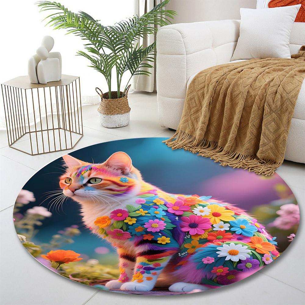 Colorful Cat with Blooming Flowers Print round rug, living room, bedroom, playroom carpet, non slip floor mat, gift