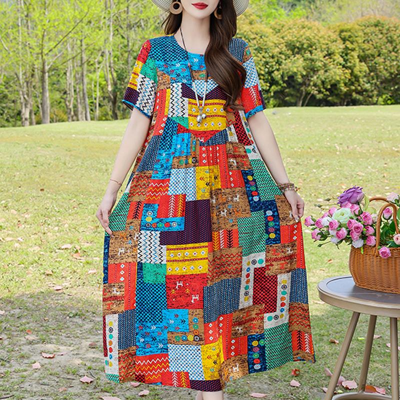 Casual zomerjurken voor dames, vintage kleding, losse korte mouwen, elegante lange jurk in grote maten