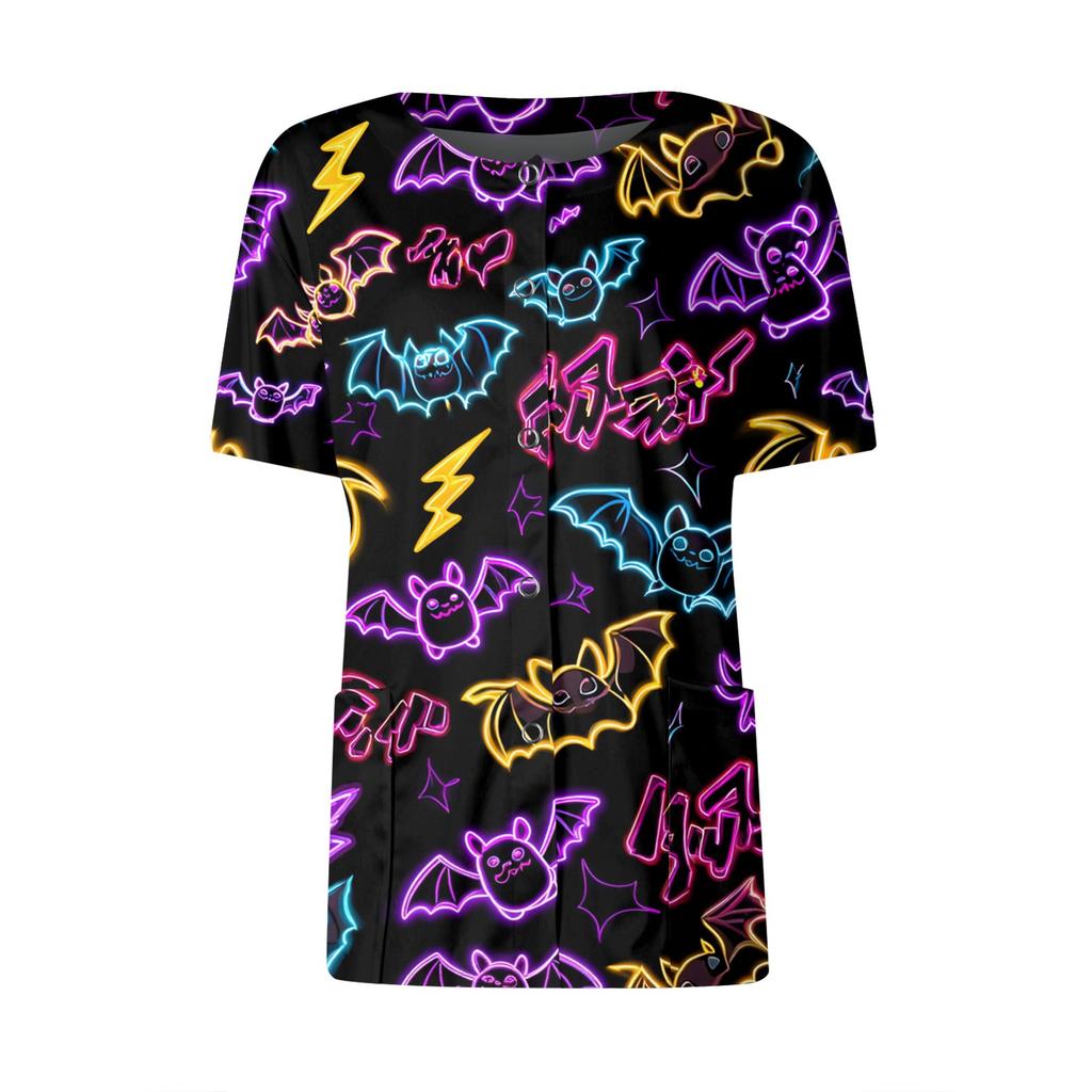 Women's Short Sleeved Patterned Pockets, Work Print Stand Up Collar, Single Breasted Protective Clothing, Cardigan Jacket, Top