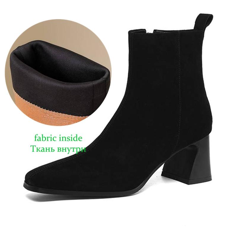 Krazing Pot Cow Suede Nubuck Winter Square Toe Modern Boots Thick High Heels Zipper Women Ankle Boots