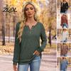 Comfortabel Dagelijks Topje Dames Geribbeld Longsleeve Topje, Losse Casual Blouse met Knopen, Effen Zachte Kleur Ronde Hals Pullover ShCrew T-shirt voor de Lente