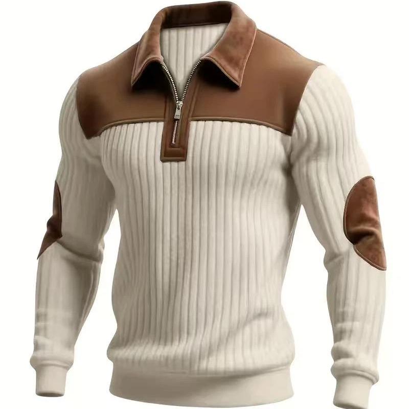 European Style Mens Knitwear Long Sleeve Patchwork Pullover Sweater Lapel Collar Casual Zipper Knitted Sweaters