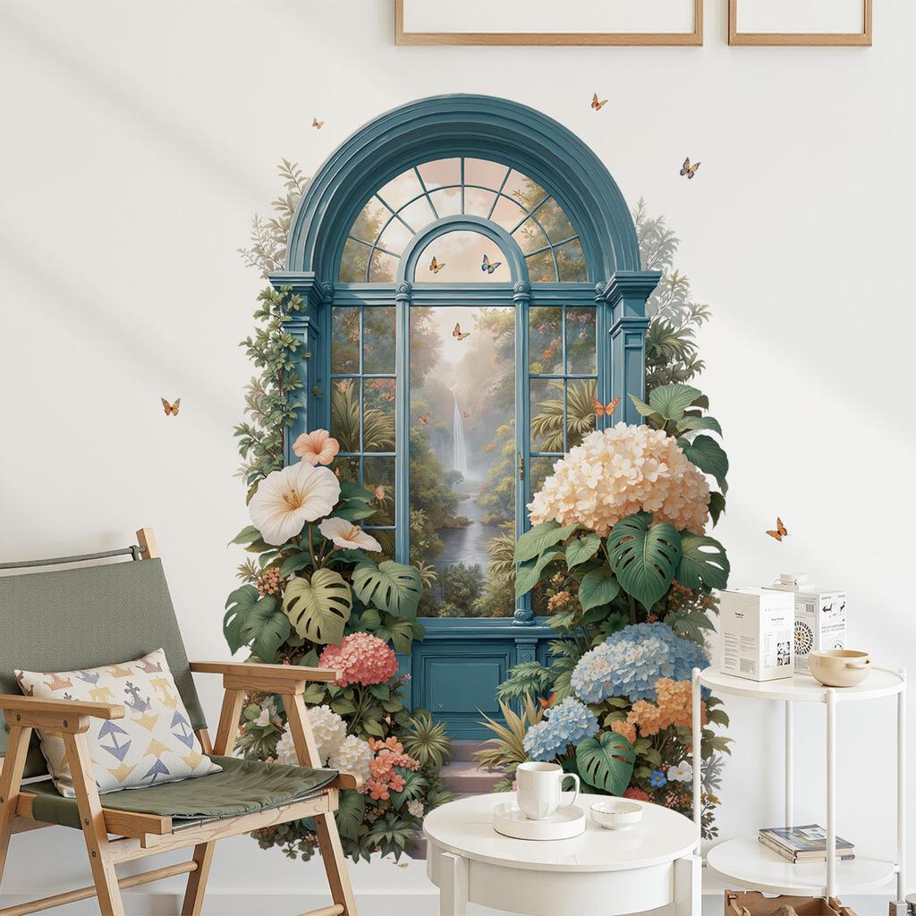 Vintage Teal Window Garden Wall Mural 3D Tropical Floral Butterfly Removable Wall Sticker for Bedroom Living Room Entryway Decor