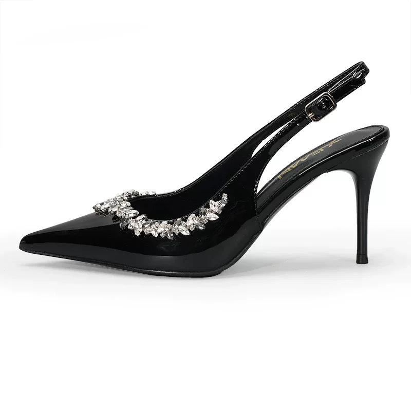 Black high heels women's thin heels new rhinestone temperament high heels sandals women's sexy versatile pointed single shoes women