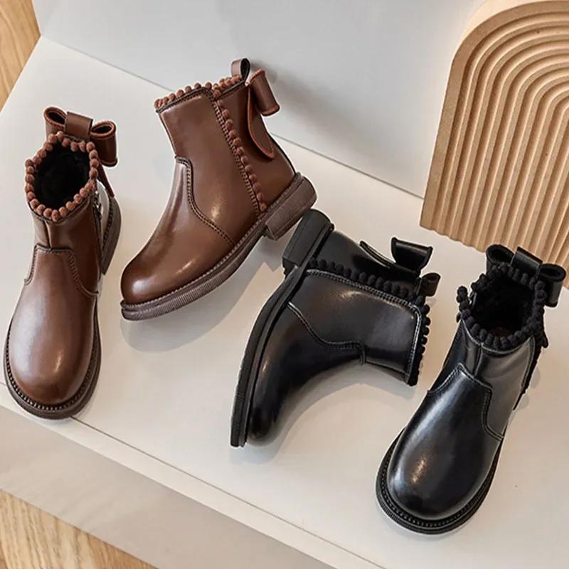 Autumn Winter Cute Pompom PU Leather Kids Ankle Boots Super Warm Velevt Winter Shoes Girl Low Heel Butterfly-knot Student Shoes