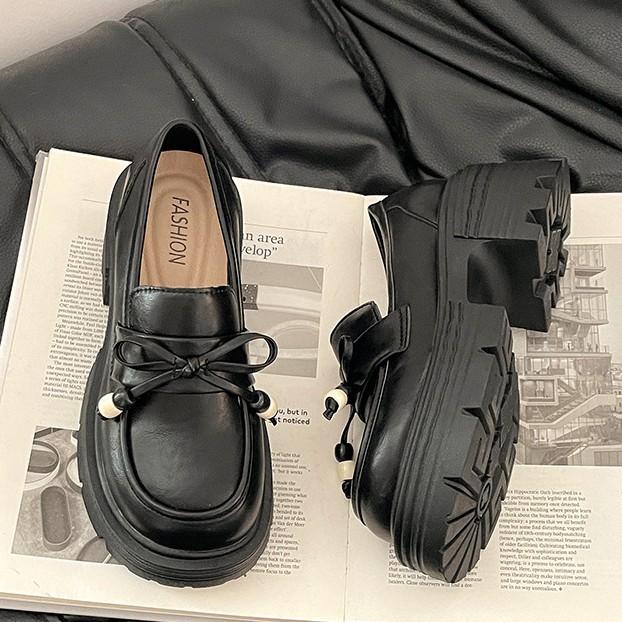 British Style Thick Heel Light Mouth Single Shoes Women's 2025 Autumn French Retro Versatile Bow Small Leather Shoes Loafers