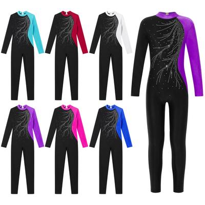 Kids Girls Gymnastics Dance Costume Long Sleeve Round Collar Shiny Rhinestone Decor Leotard Sportwear