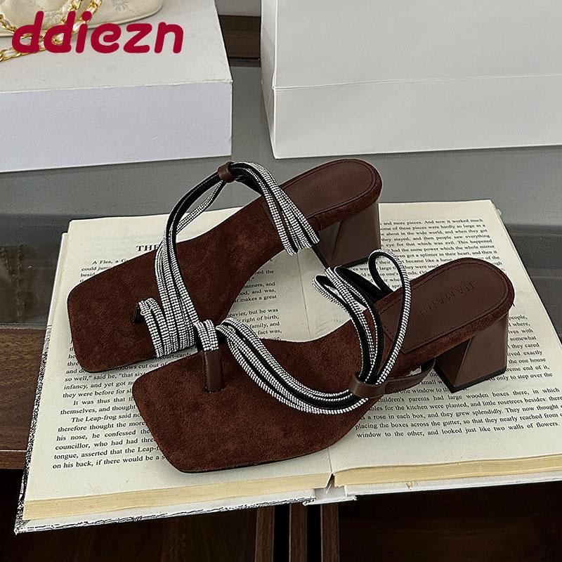 Fashion Luxury Fashion Rhinestones Ladies Square Heels Pumps Shoes Female Slip On Footwear Women Heels Pumps Slides Shoes Sandals