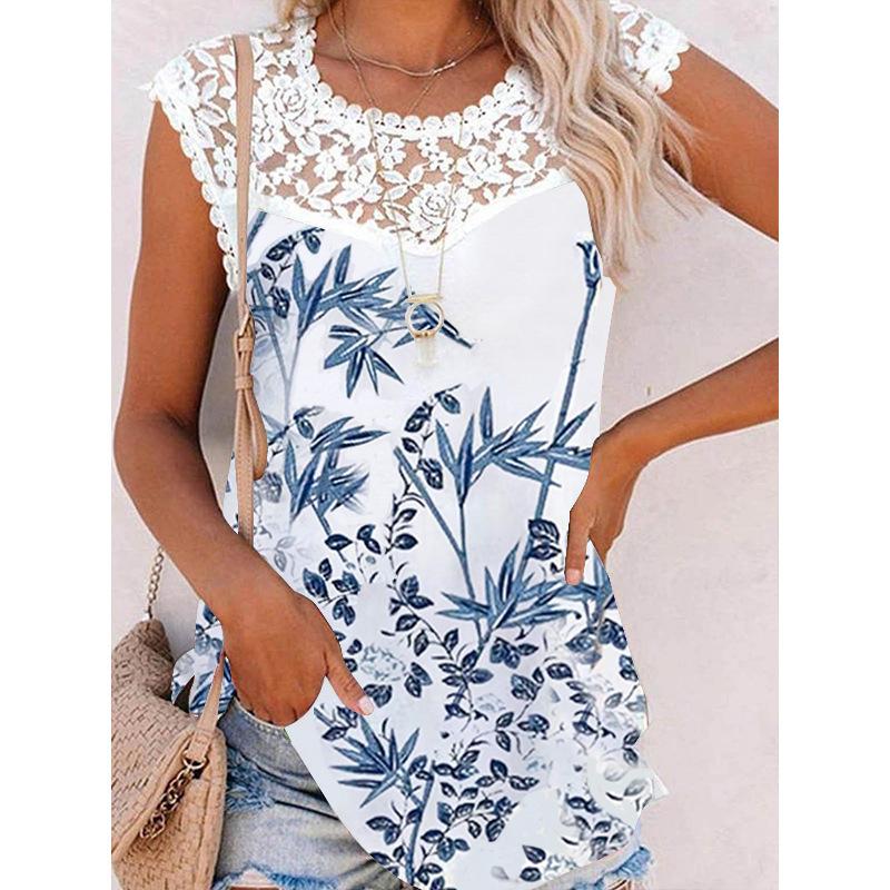 

Женская летняя новая модная футболка без рукавов с принтом и кружевным вырезом, повседневная футболка без рукавов M
