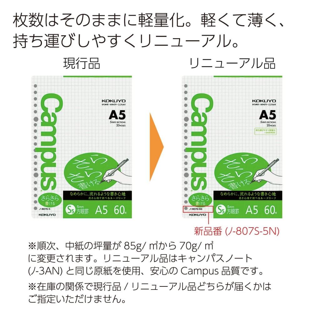 KOKUYO Campus Loose Leaf Easy To Write 5mm Grid A5 60 Sheets No-807S-5N