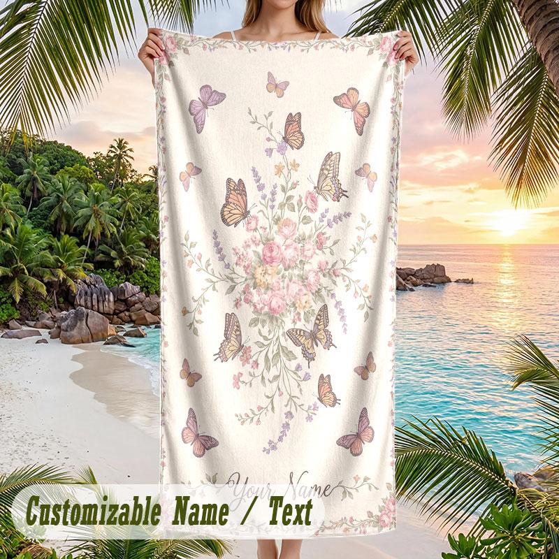 Butterflies Ferns Theme Quick Dry Beach Towel Custom Name Text Print Large Sand Resistant Towel Beach Vacation