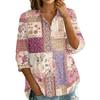 Women Button Front Patchwork Blouse Three Quarter Sleeve Loose Fit Shirt with Collar and Mixed Print Design Casual Top