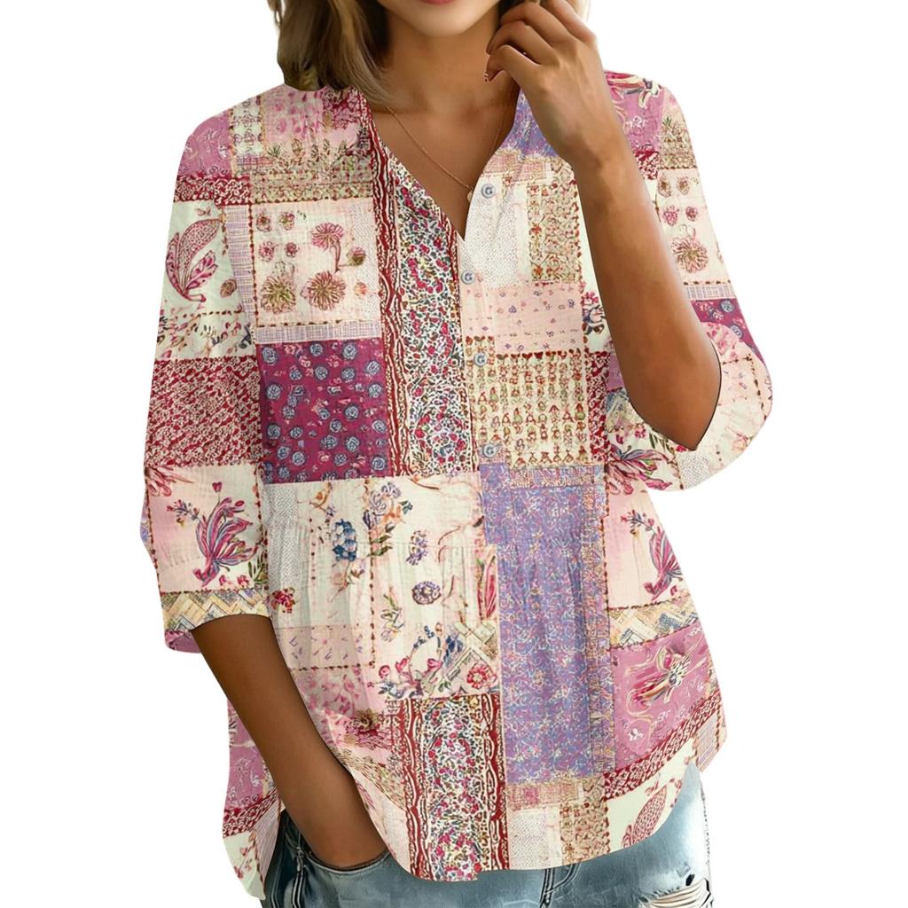 Women Button Front Patchwork Blouse Three Quarter Sleeve Loose Fit Shirt with Collar and Mixed Print Design Casual Top
