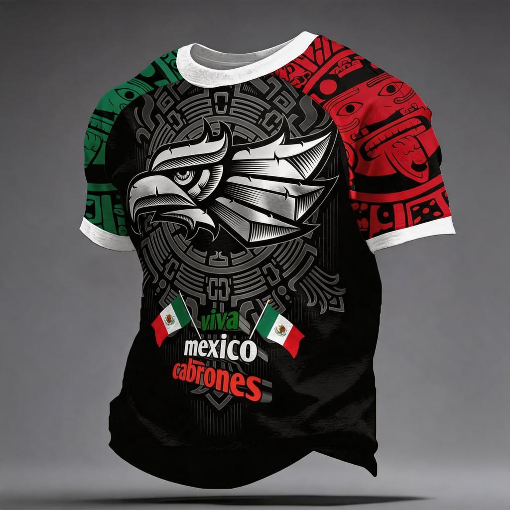 Men's National Team Support T Shirt Mexico Soccer Fan Jersey Short Sleeve Casual Football Top with Printed Design and Flag Patch